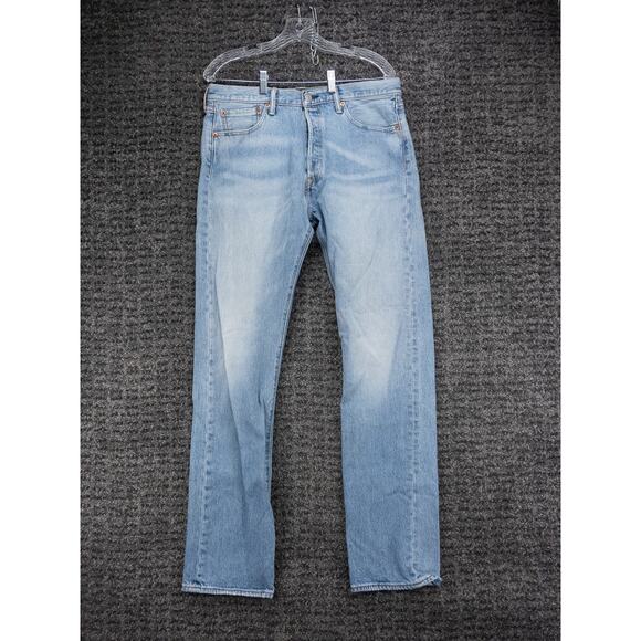 Levis 501 Jeans Mens 33x34 (Tag 32x34) Blue Stretch Distressed Denim Button Fly - Picture 1 of 16